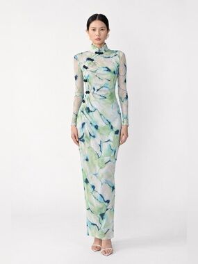 SAU LEE Blue Green Floral Mesh Long Sleeve Mandarin Collar Maxi Dress